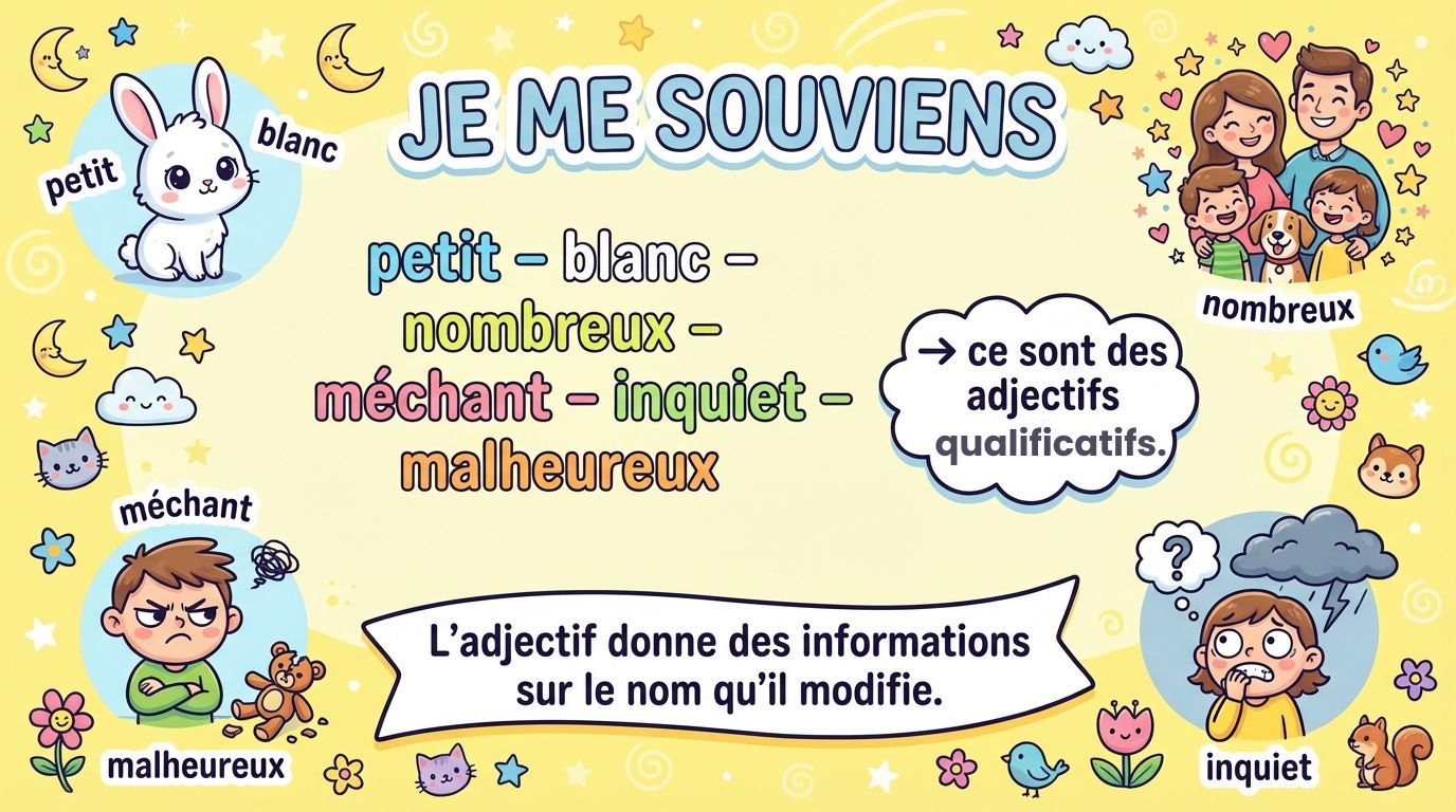 petit, blanc, nombreux, méchant, inquiet sont des adjectifs qualificatifs